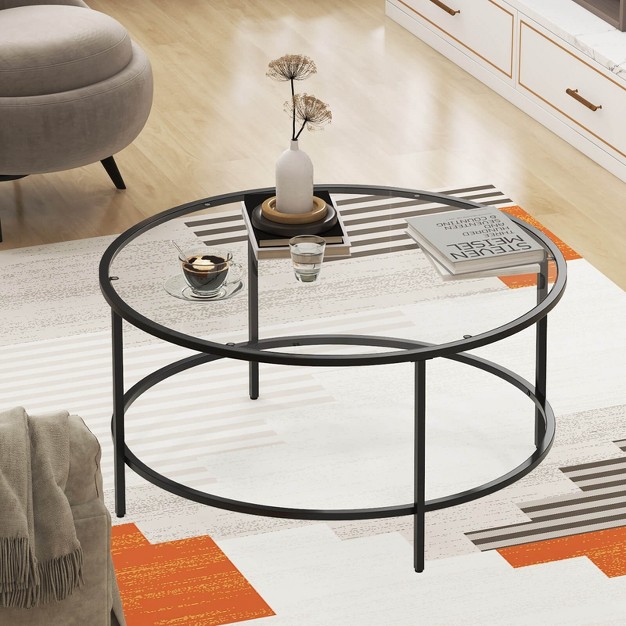 Costway 36 x27 x27 Round Coffee Table Tempered Glass Tabletop Metal Frame Living Room Black golden