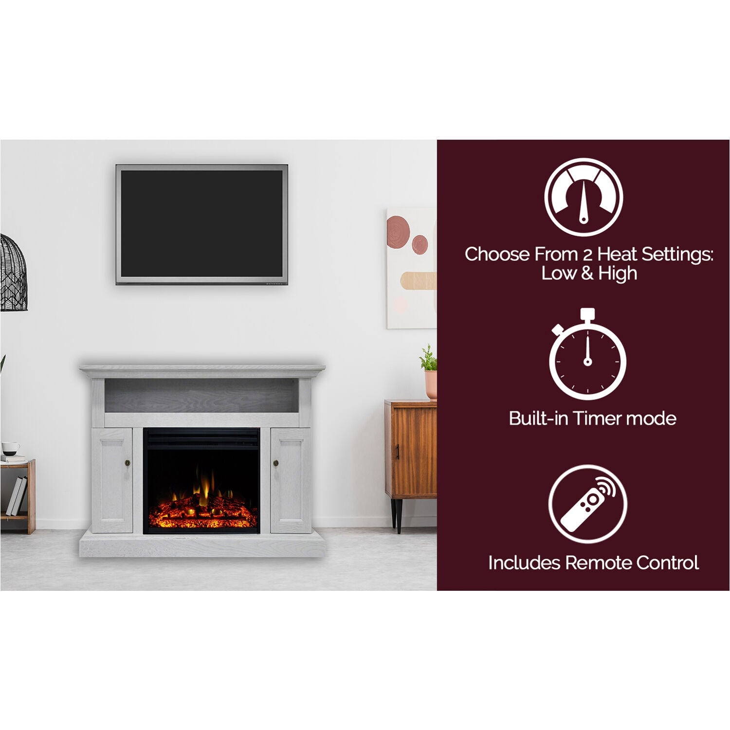 Cambridge Sorrento 47'' LED Electric Fireplace with Log Insert | Multi-Color Flame | For Rooms up to 210 Sq.Ft | TV Stand | Remote | White Mantel | Adjustable Heat Settings | Timer