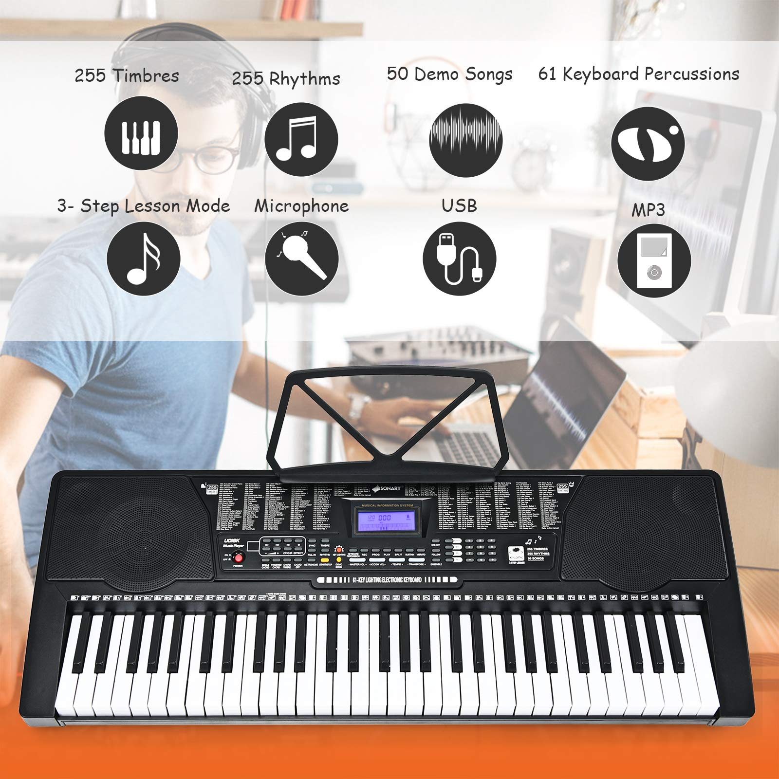 Costzon 61-Key Electronic Keyboard Piano w/Lighted Keys, Built-in Speakers, Recorder, 255 Timbres/Rhythms, 3 Teaching Modes (Black)