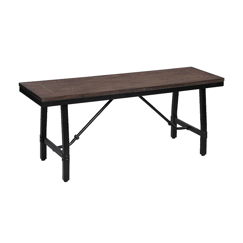 Industrial Wood and Metal Bench with Tube Leg Support， Brown and Black