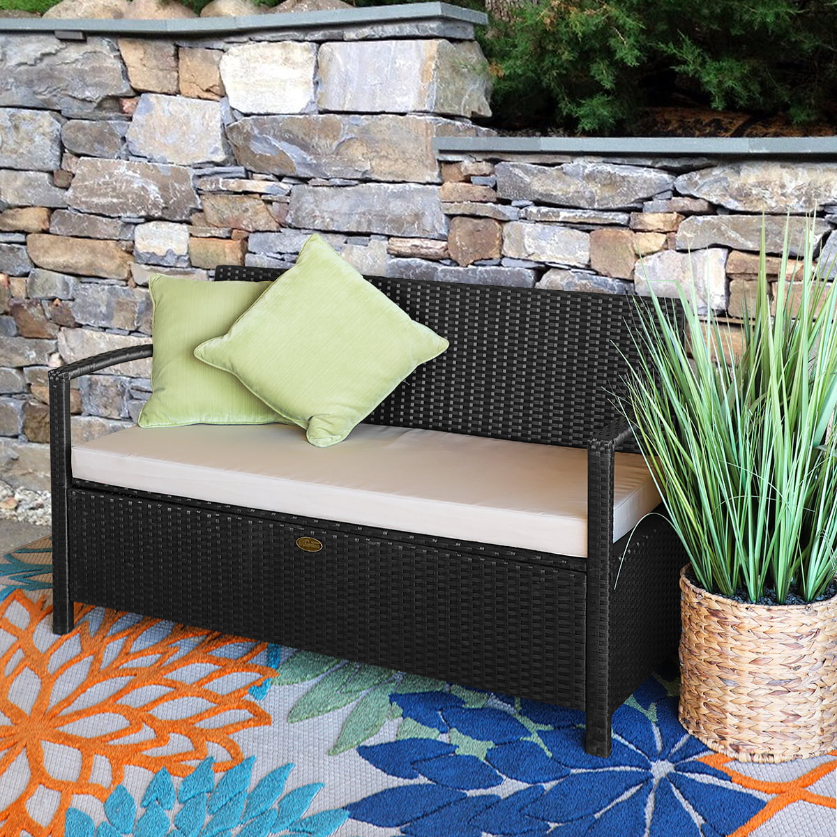 All-Weather Outdoor Deck Box Bench With Build-in Storage with Seat Cushion, Black