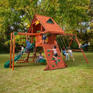 Gorilla Playsets Sun Palace II Wooden Outdoor Playset with Monkey Bars Wave Slide Rock Wall and Backyard Swing Set Accessories 01-0013