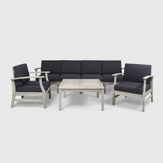 Perla 7pc Acacia Wood Sofa And Club Chairs Seating Set Light Gray dark Gray Christopher Knight Home