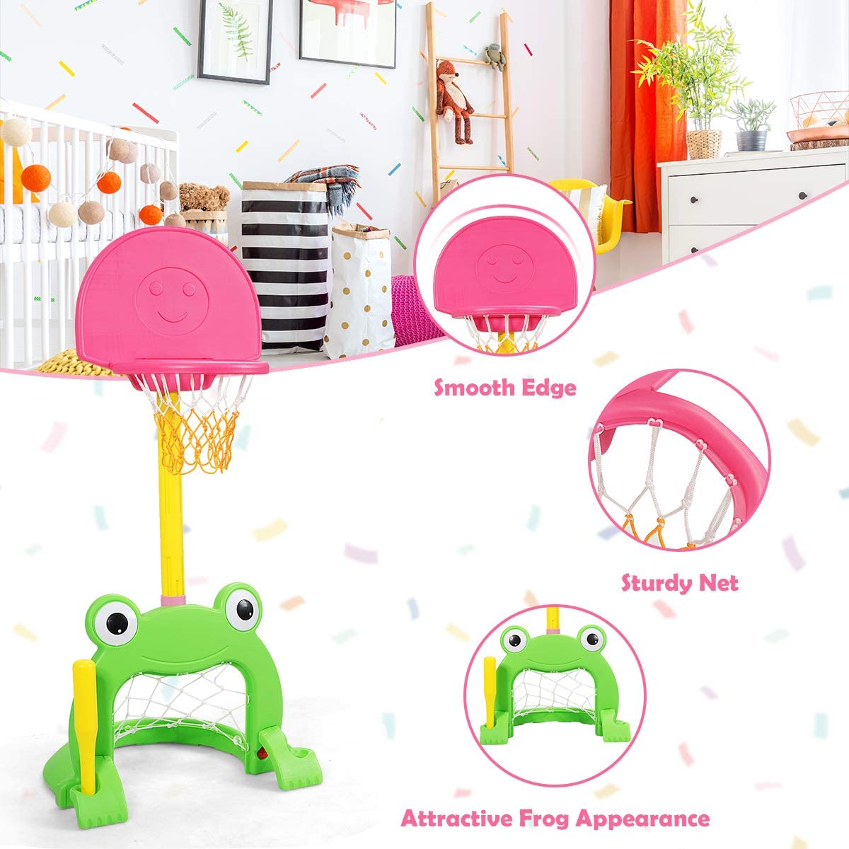 Costzon Kids Basketball Hoop Set, Kids 3-in-1 Sports Set for Basketball (Cute Frog)