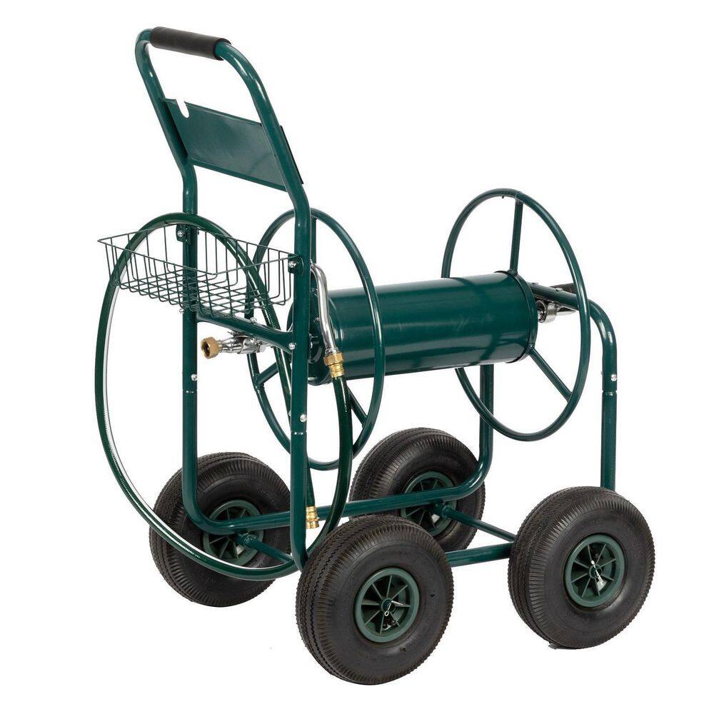 37 in. Outdoor Iron Four -Wheel Tube Car Garden Water Pipe Rolling Car Dark Green 978929524