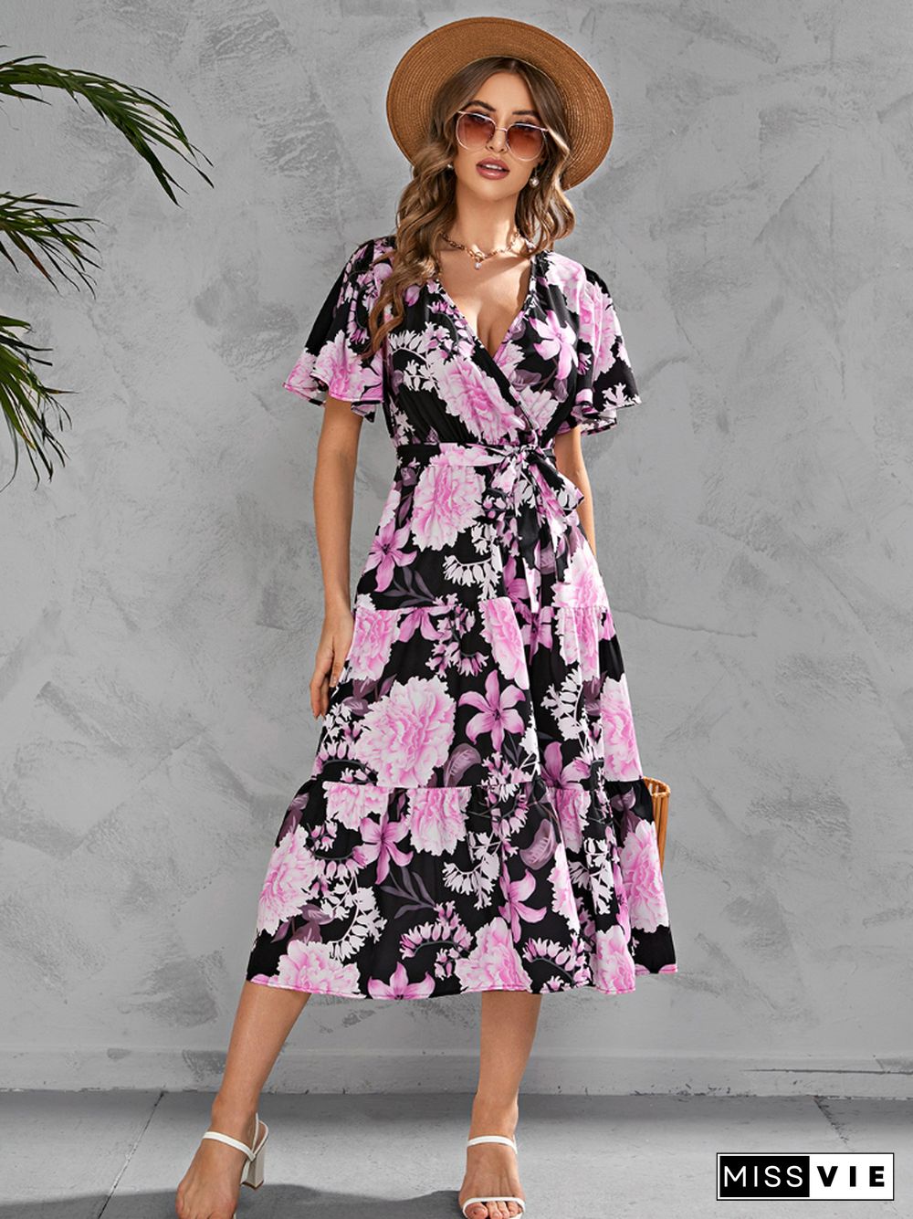 New Summer Printed V-neck Dress Waist Waist Mid-length Short-sleeved Mid-length Skirt Holiday Street Women's Clothing Dresses