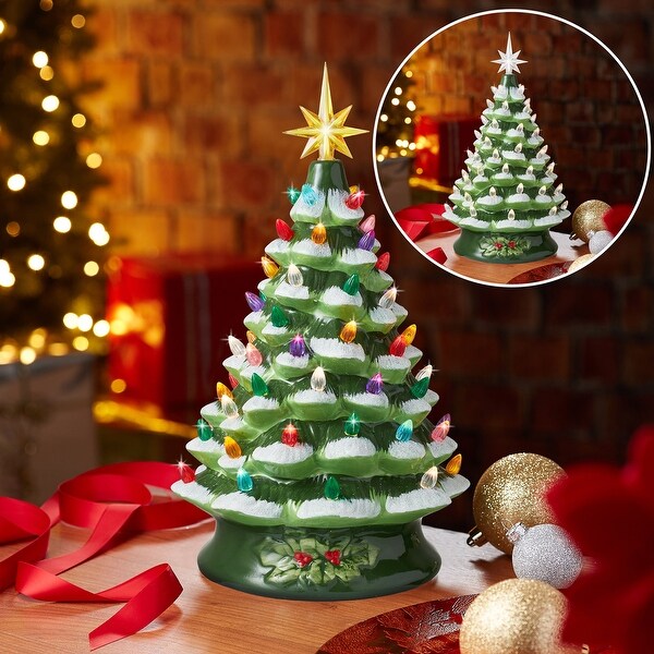 15Inch Snow Flocked Ceramic Christmas Tree，Hand Painted PreLit