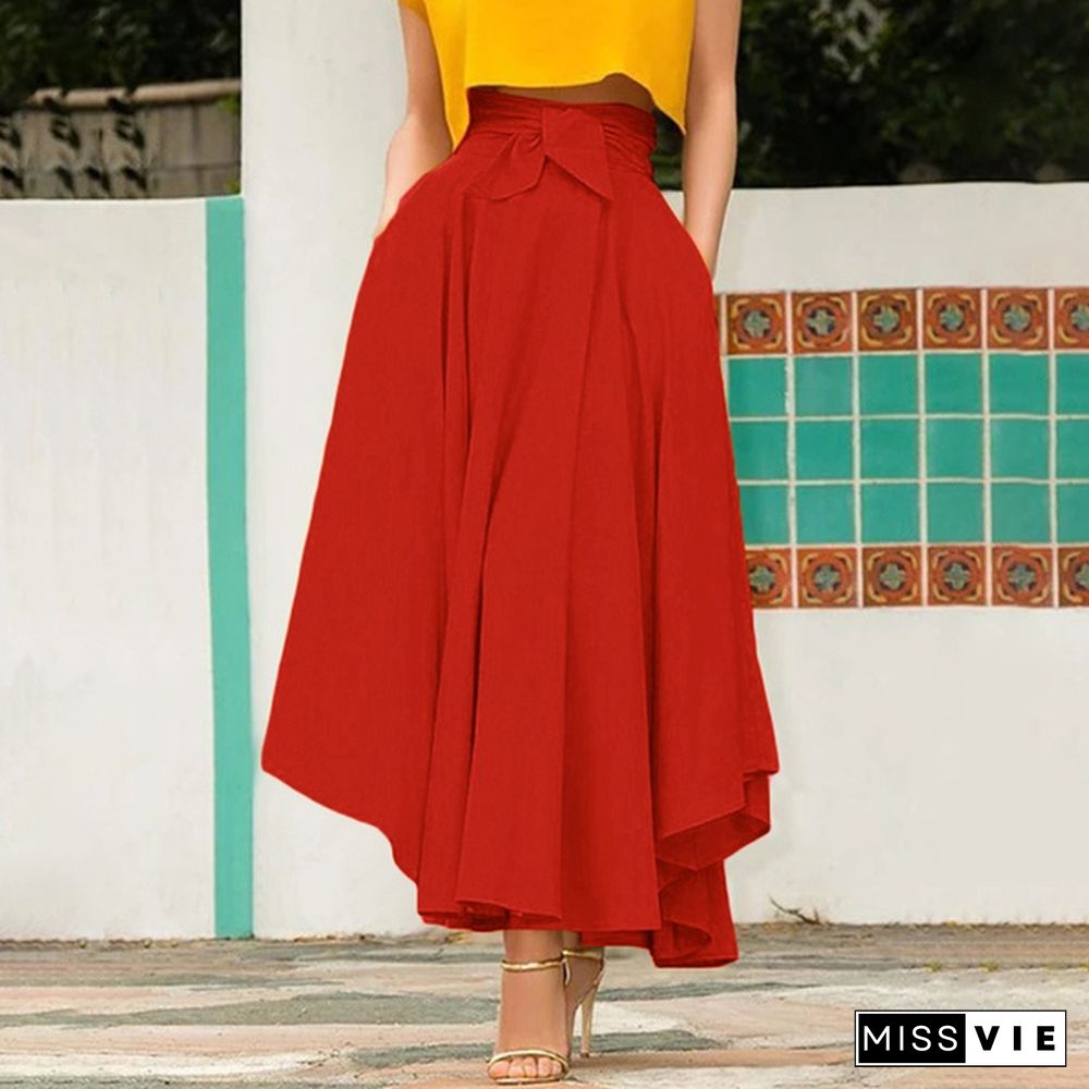 Women Summer High Waist Solid Color Swing Dress Plus Size Long Skirts