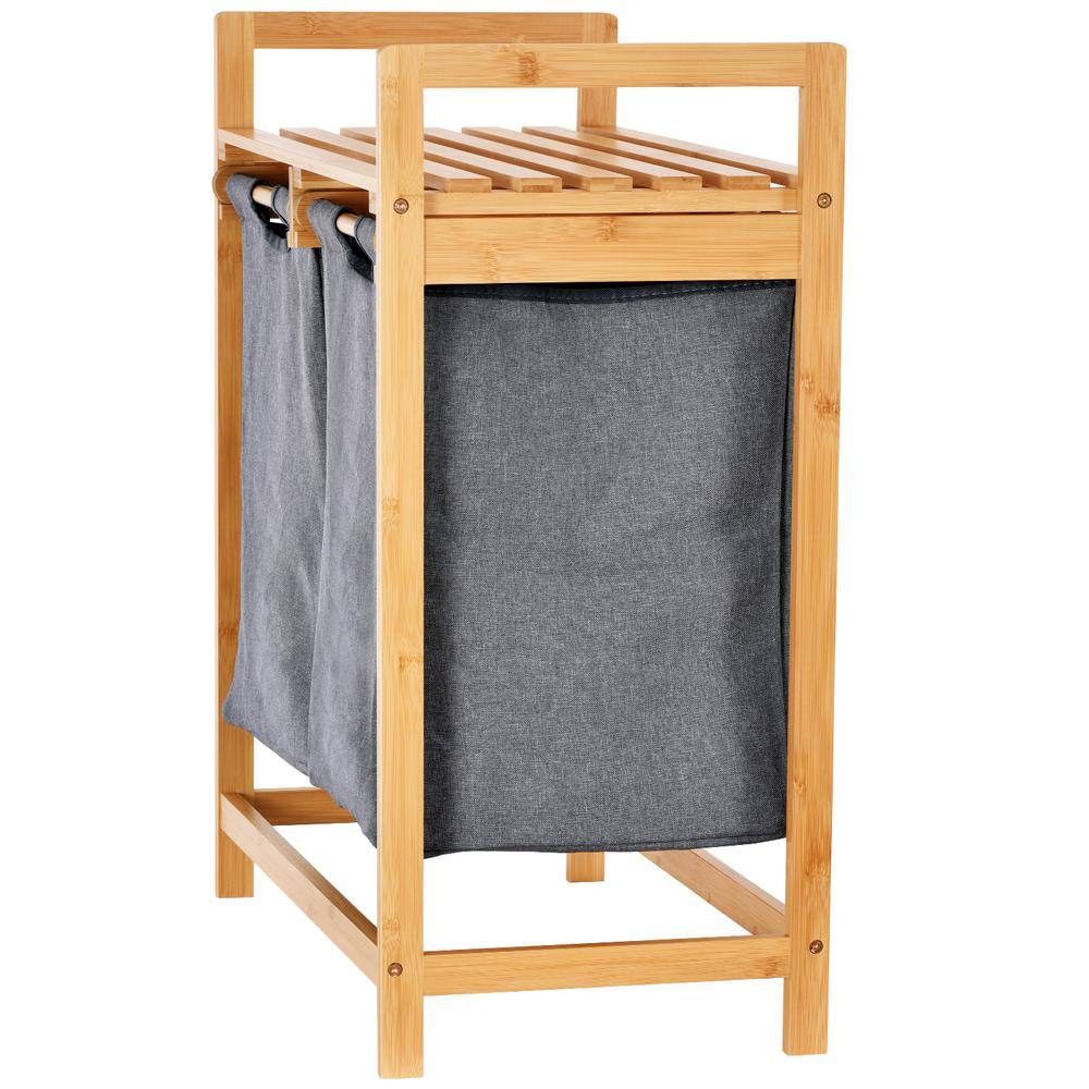 TOILETTREE Bamboo Laundry Hamper with Dual Compartments Two-Section Laundry Basket with Removable Sliding Bags  Shelf TTP-BHAMP-1