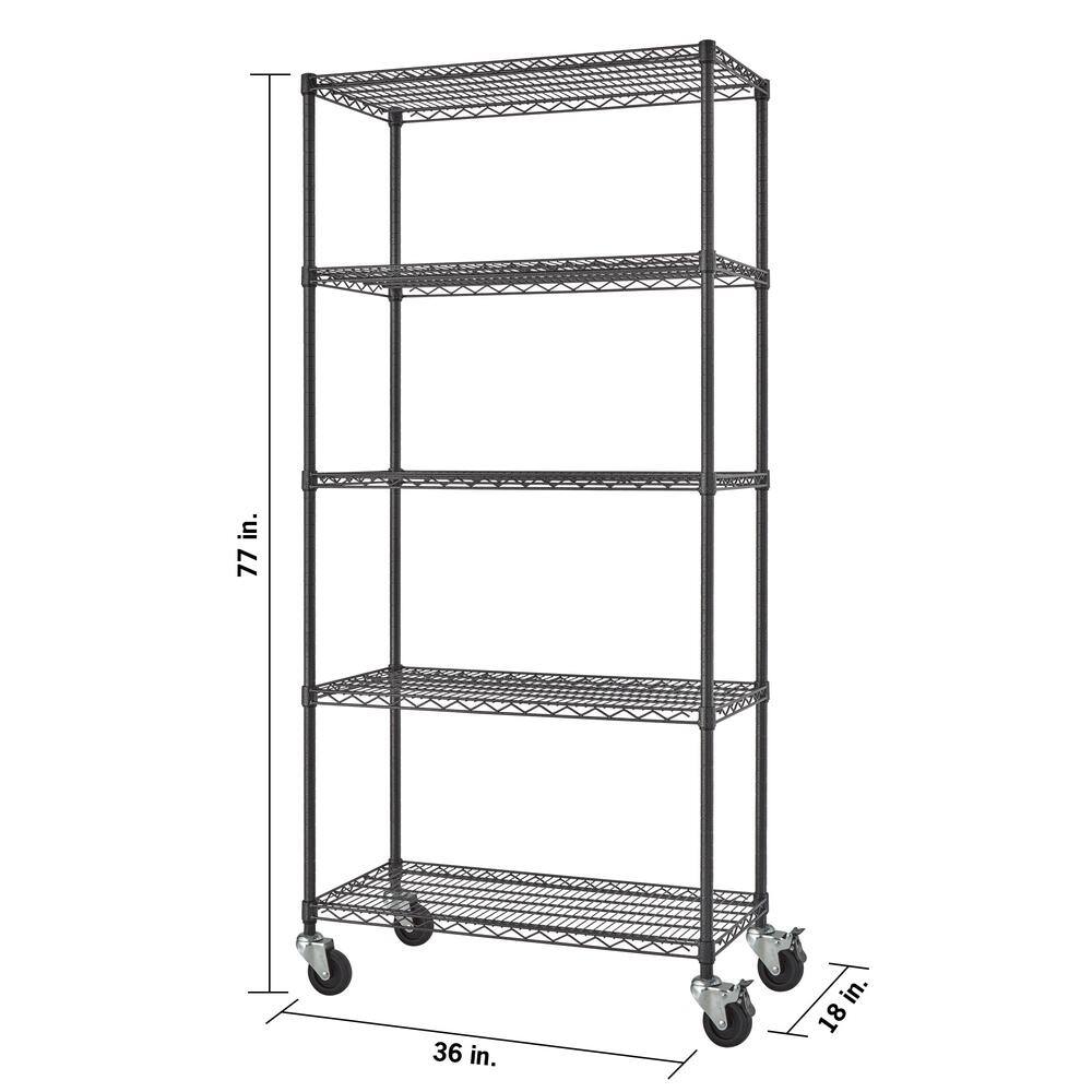 TRINITY PRO Black 5-Tier Rolling Steel Wire Garage Storage Shelving Unit (36 in. W x 77 in. H x 18 in. D) TBFPBA-0921