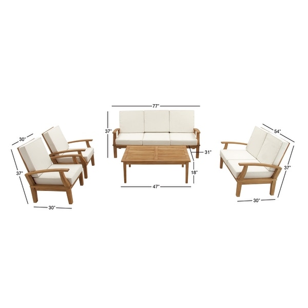 Teak Wood Traditional Outdoor Seating Set with OffWhite Cushions (Set of 5 Pieces)