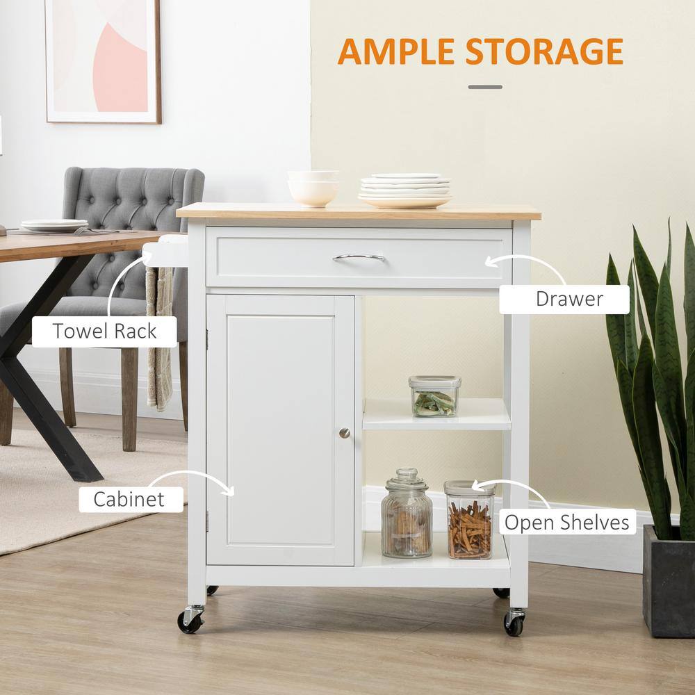 HOMCOM Rolling White Kitchen Cart with Wood Top Kitchen Island with Storage Drawer on Wheels for Dining Room 801-214V80WT