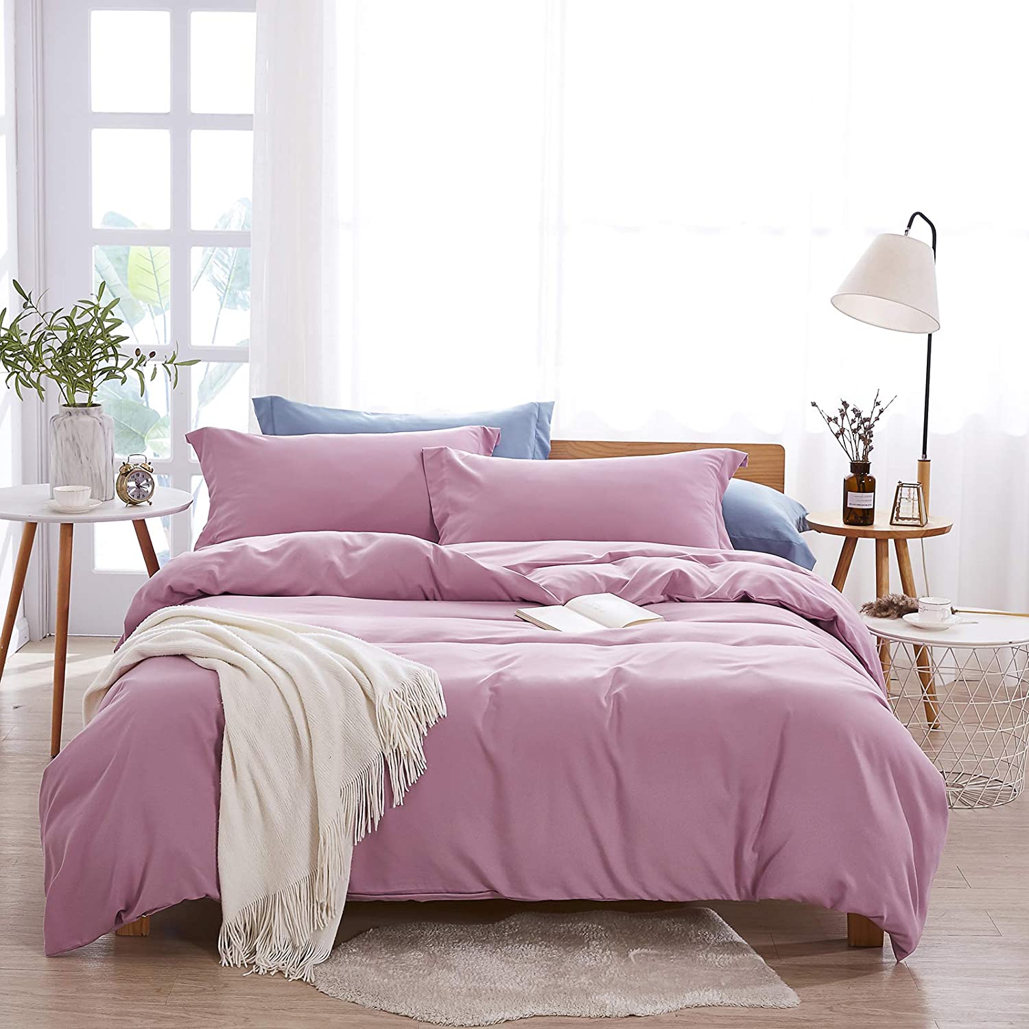 Dreaming Duvet Cover Set 100% Washed Microfiber 3 pcs Solid Color - Soft and Breathable with Zipper Closure & Corner Ties