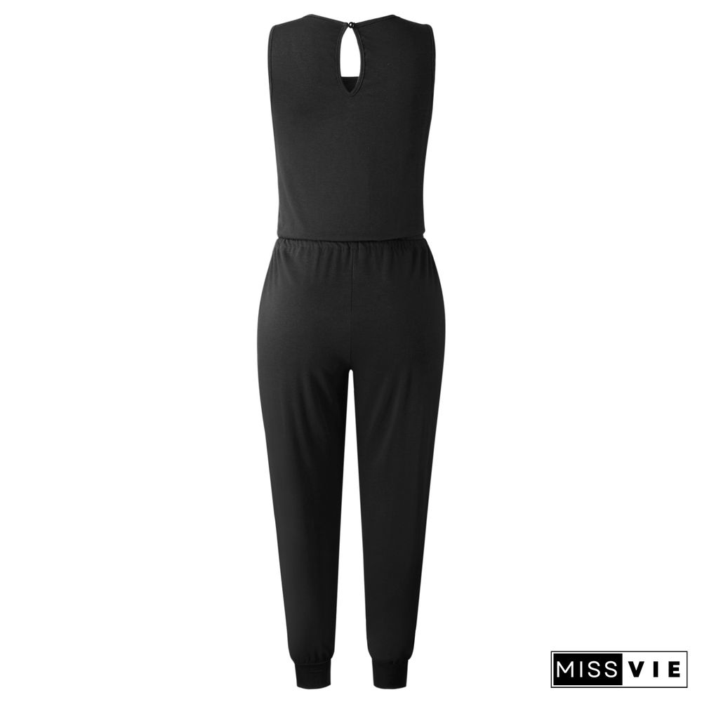 Black Solid Sleeveless Draw Cord Waist Jumpsuit