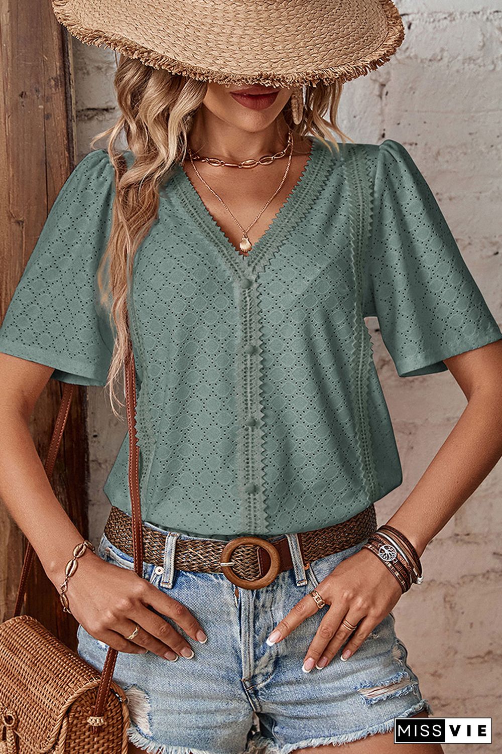 Plain V Neck Lace Edge Textured Buttoned Blouse