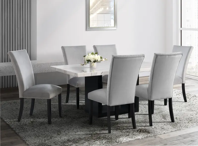 Valentino Marble 5 Piece Dining Room Set with Gray Velvet Chairs