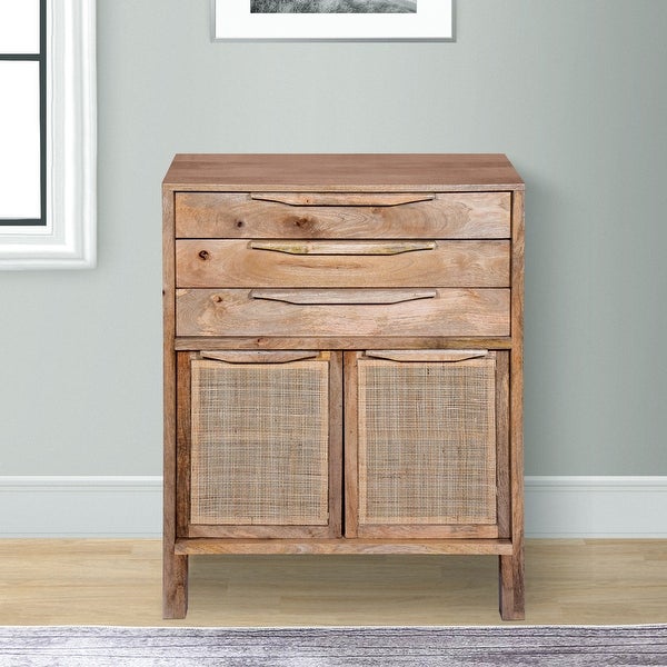 Ryan 40 Inch Cottage Mango Wood Dresser Storage Cabinet， 3 Drawers， Cane Rattan Panels Doors， Natural Brown - - 36148643