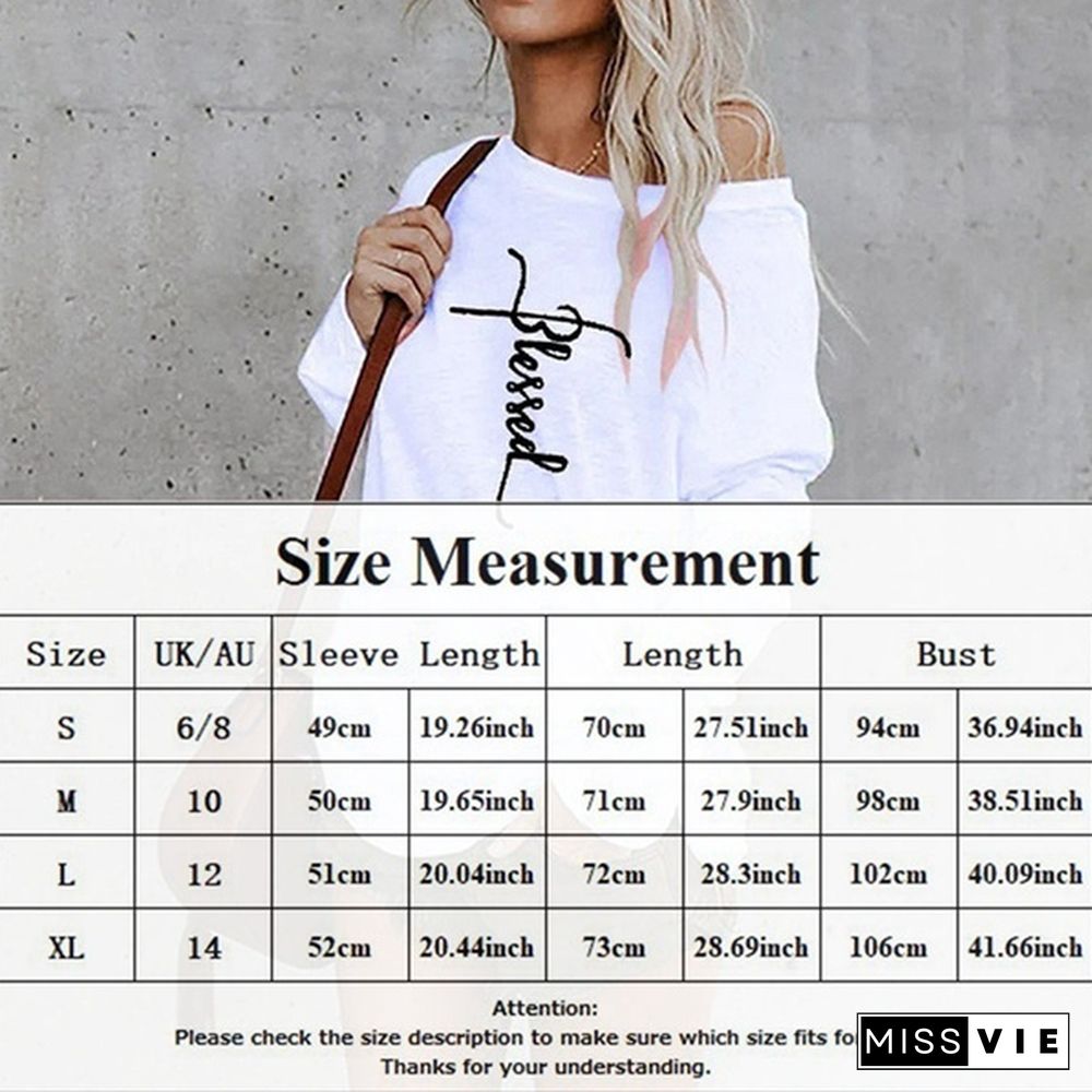 New Autumn And Winter Fashion Women Blessed Letter Printed Long Sleeve Sweatshirt Round Collar Loose Blouses Pullover Tops Jumpers