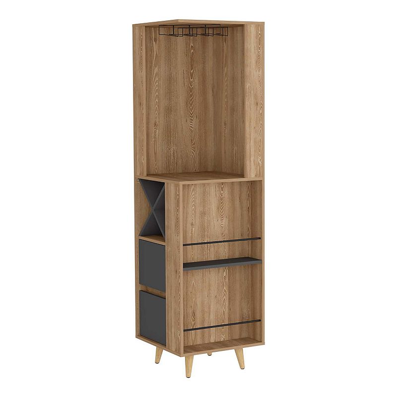 Ziton Corner Bar Cabinet， Two External Shelves， Two Drawers， Four Wine Compartments