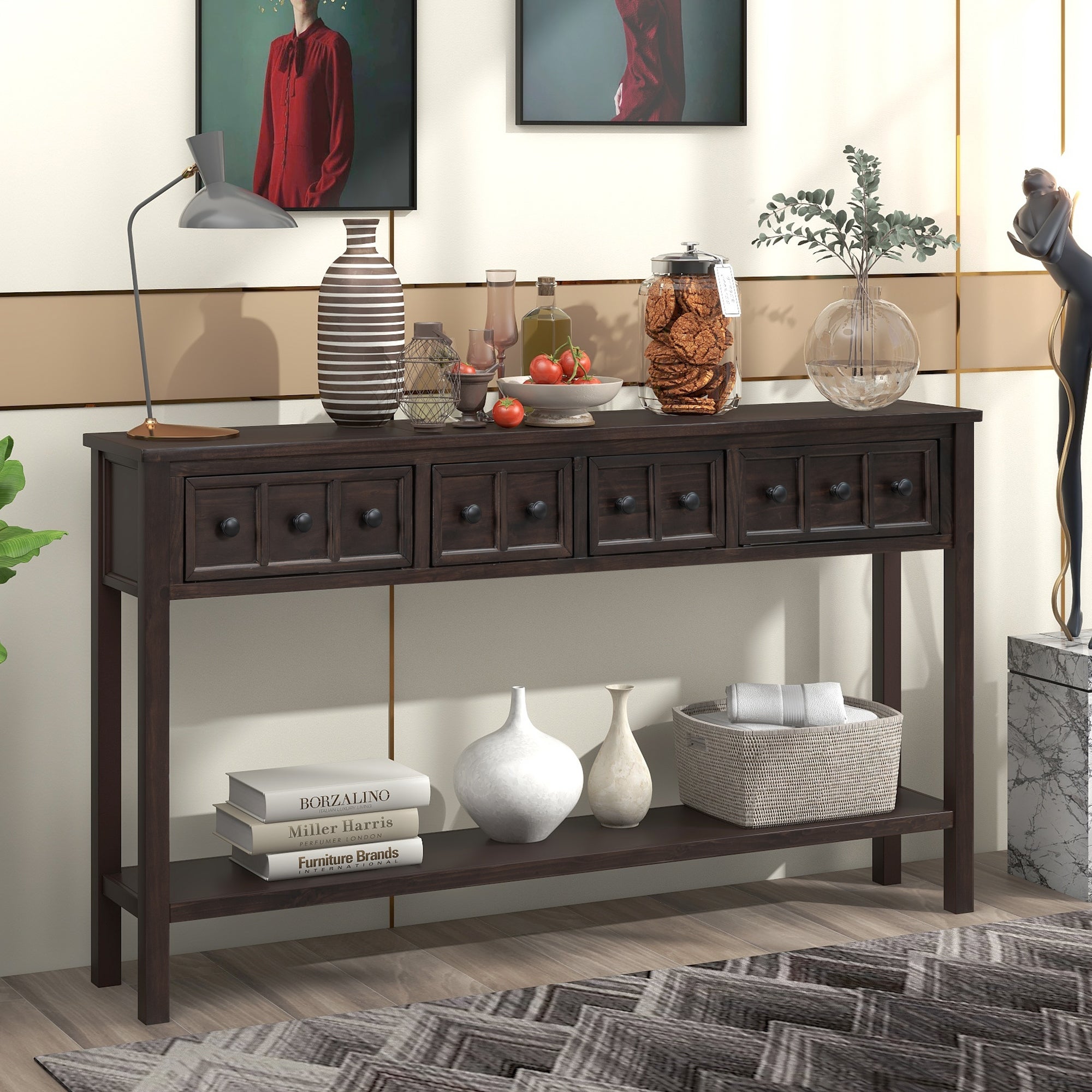 Rustic Entryway Console Table， Sofa Table with 2 Drawers and Shelf