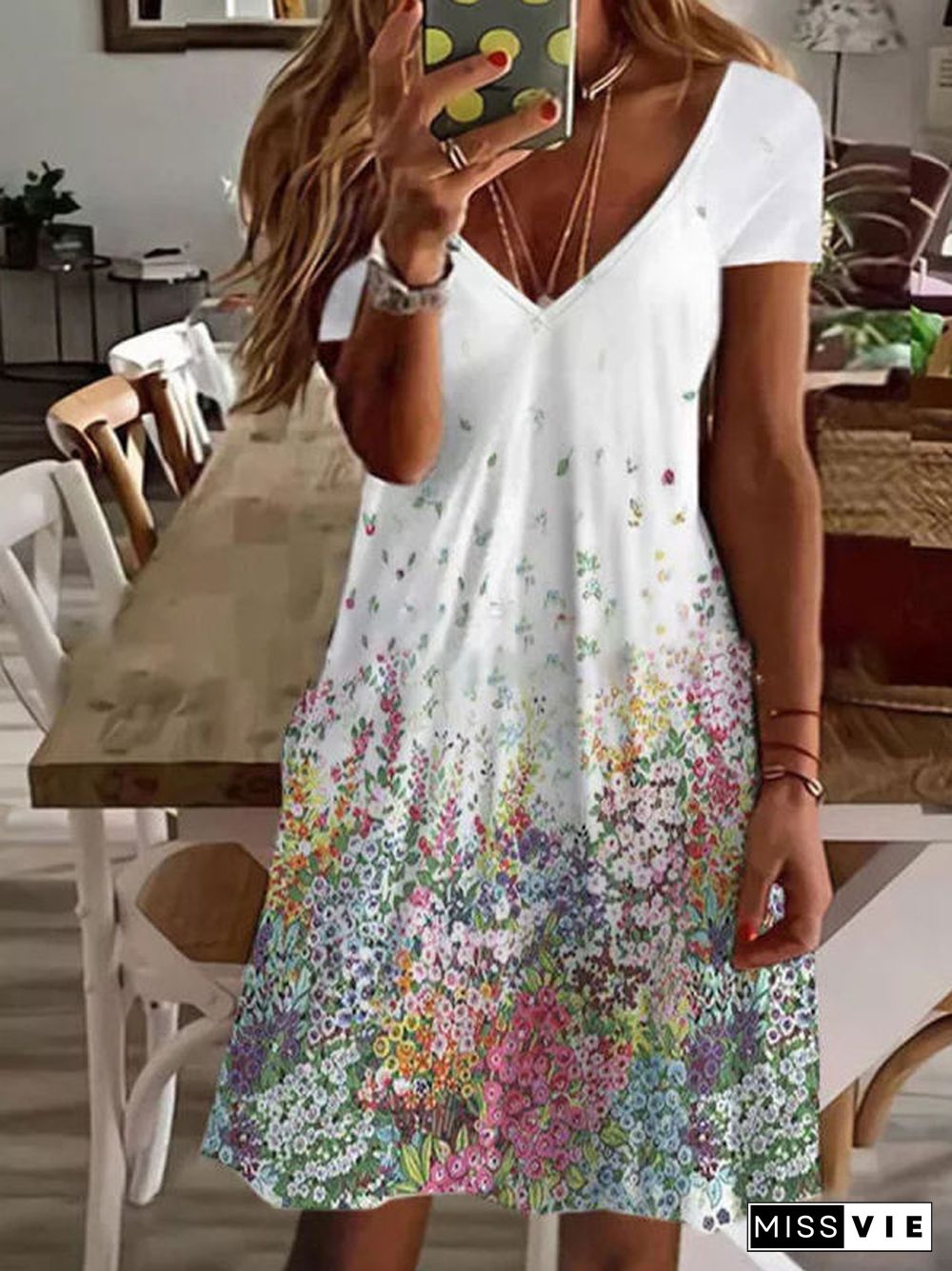 Summer Boho Mini Dresses Women Vintage Casual V Neck Short Sleeve Dress Female Sexy Floral Print Beach Party Dress Vestidos