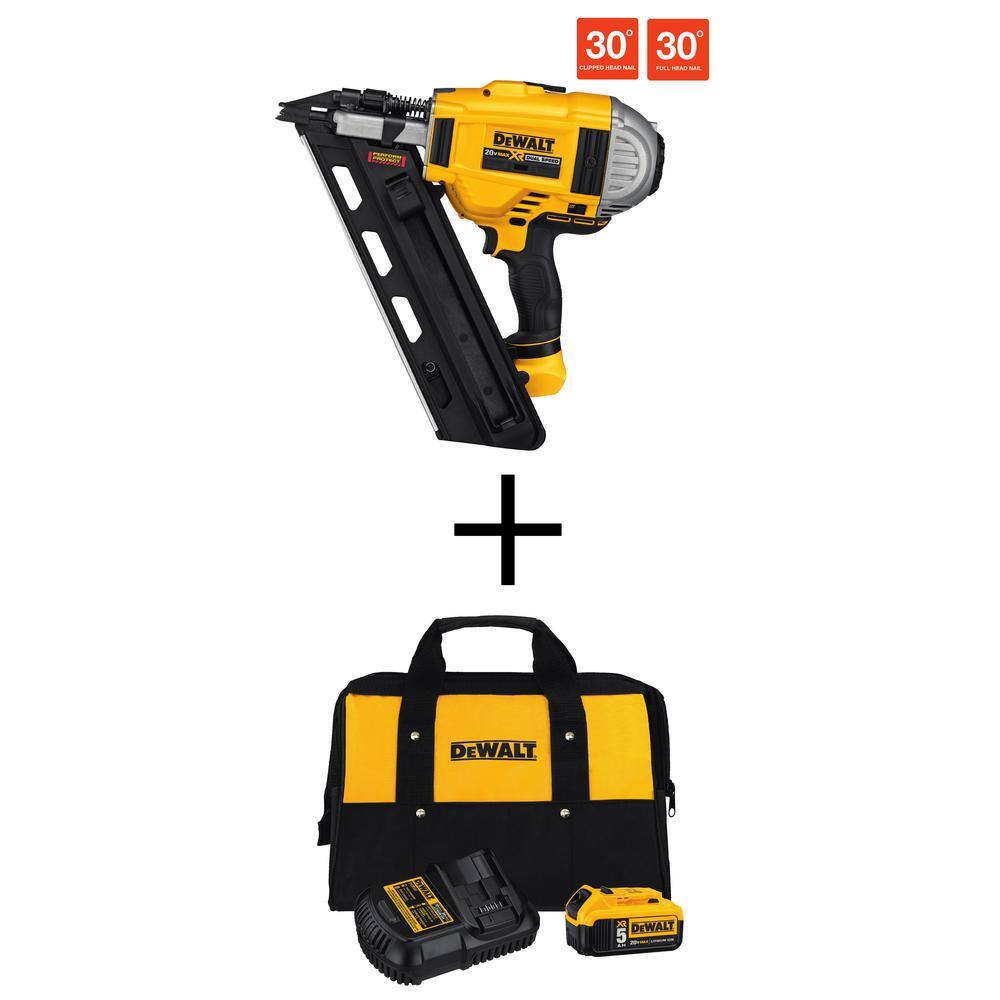 DW 20V MAX XR Lithium-Ion 30 Degree Cordless Brushless 2-Speed Framing Nailer (1) 5.0Ah Battery Charger and Bag DCN692BW205CK