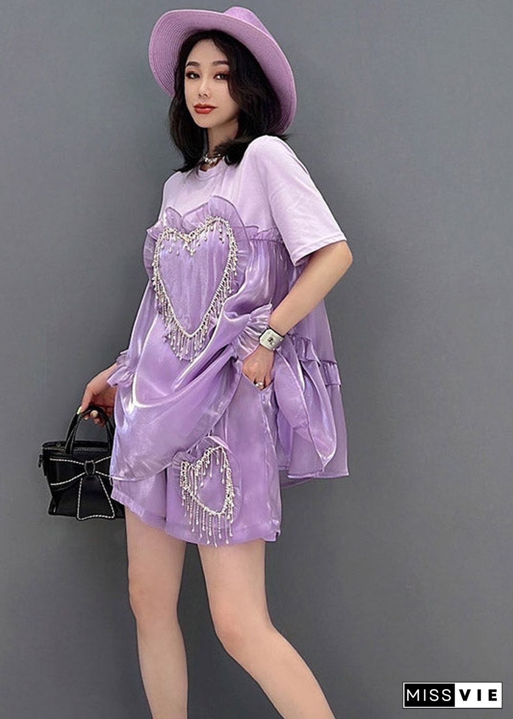 Ltalian Purple O-Neck Ruffled Top And Shorts Two Pieces Set Summer