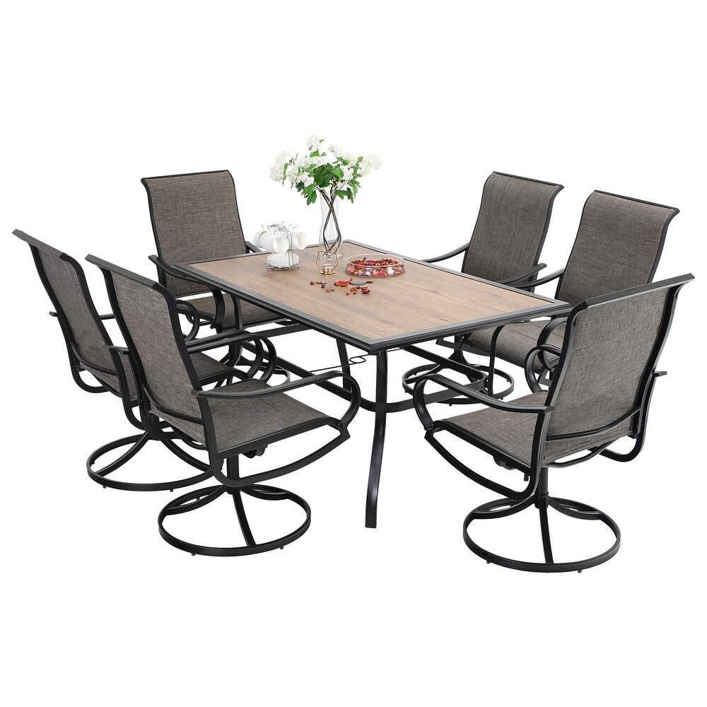 7 Pieces Metal Outdoor Dining Set  6 Sling Dining Swivel Chairs and 60\