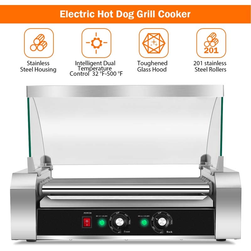 7 Non-Stick Roller 18 Hot Dog Roller Sausage Grill Cooker Machine with Glass Hood Cover, Commercial Household Hot Dog Rotisserie