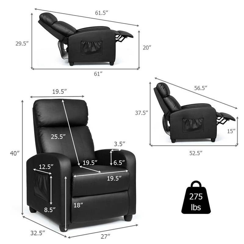 PU Leather Massage Recliner Sofa Modern Recliner Chair Winback Single Sofa with Side Pocket