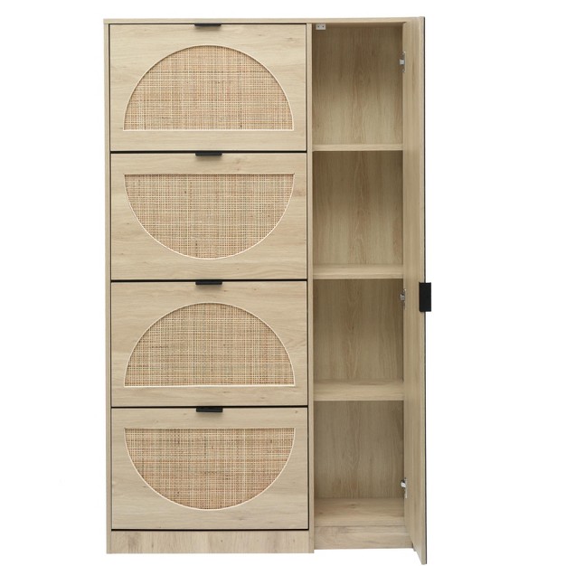 Arina 63 9 x27 x27 H X 37 x27 x27 W X 9 45 x27 x27 D Farmhouse Natural Rattan Shoe Cabinet For 16 Pairs Design Mirror With 4 Flip Down Drawers The Pop Maison