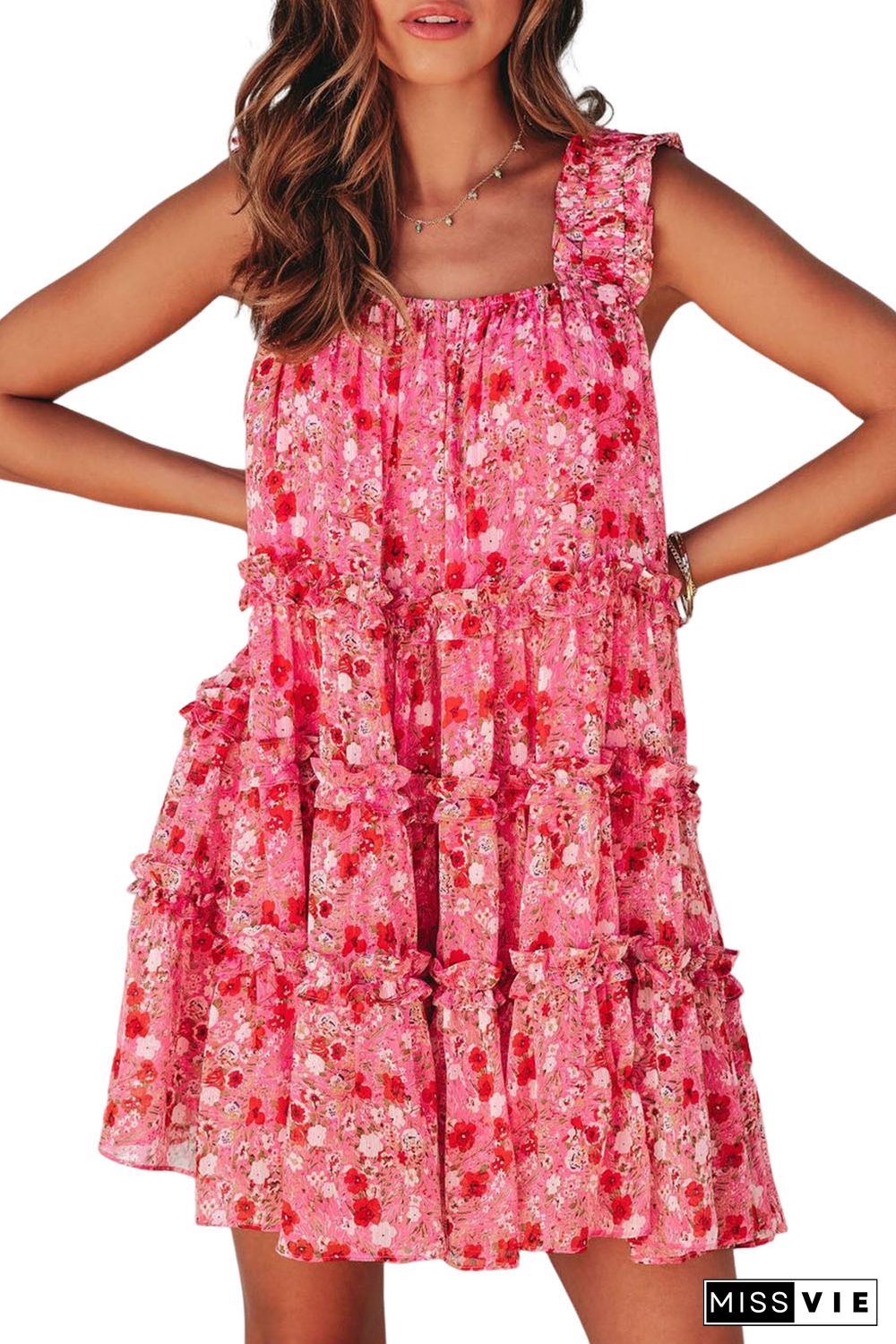 Red Tiered Ruffled Square Neck Sleeveless Floral Mini Dress