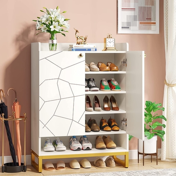 White Gold Shoe Cabinet with Door， 6-Tiers 2-Door Shoes Storage Organizer Cabinets - - 36912110