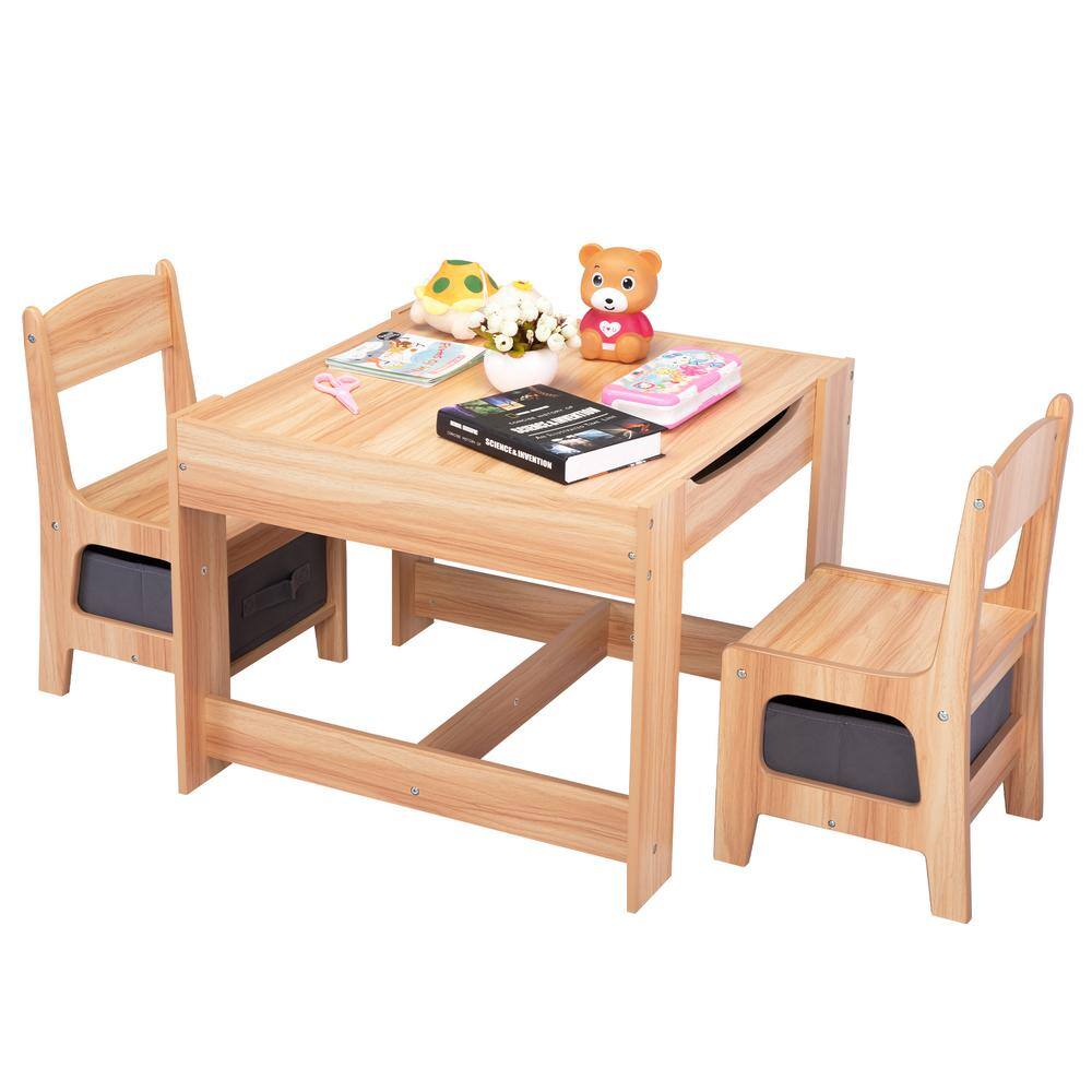 Nyeekoy 3 in 1 Kids Table and Chair Set Wooden Activity Table with Drawers Natural TH17E0537