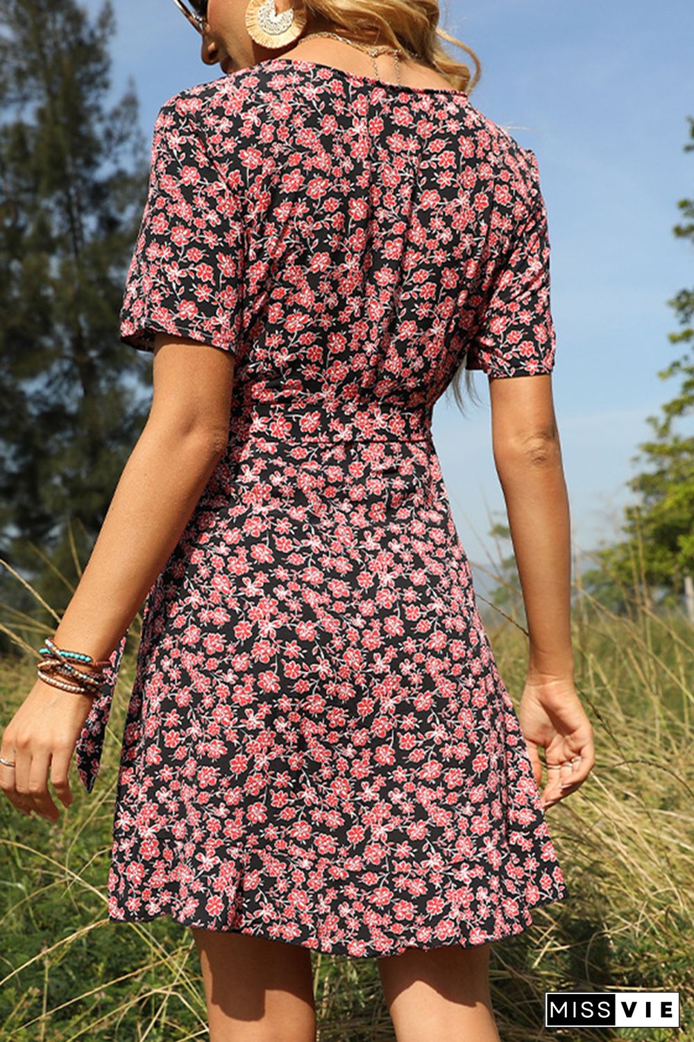 Floral Print V Neck Short Dress Wholesale