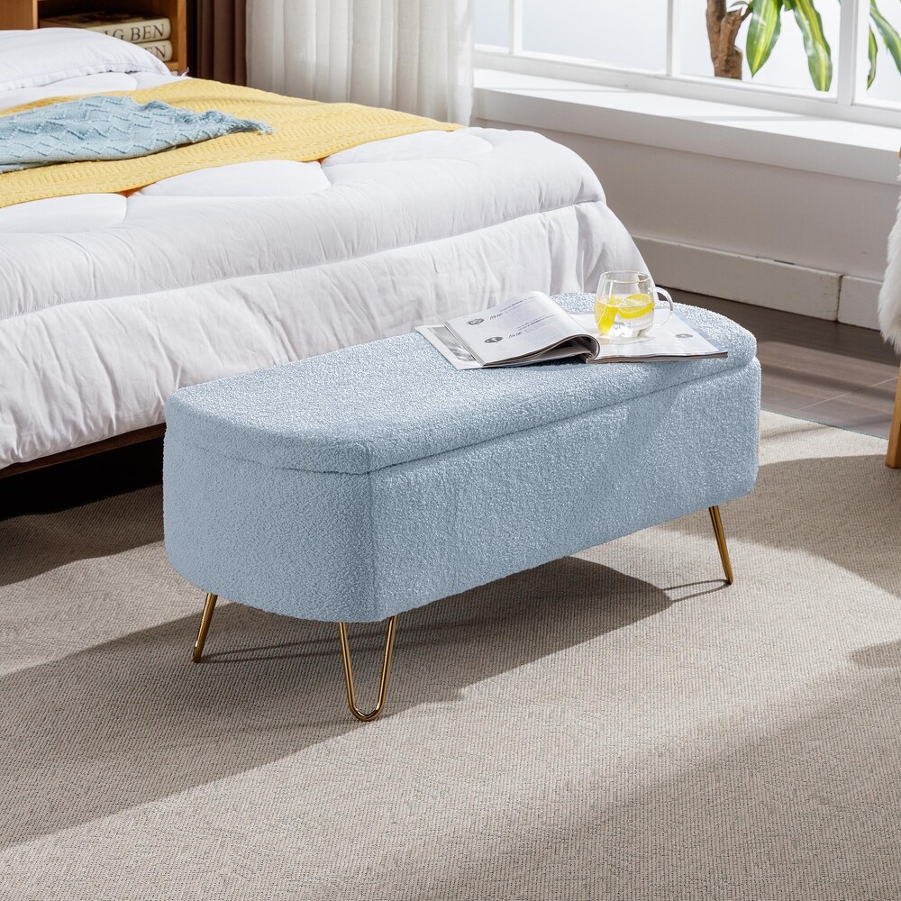 Contemporary Fabric Upholstered Storage Ottoman Bench with Metal Legs