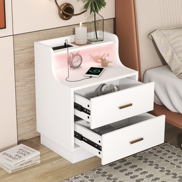 Multifunctional Nightstand with 2 Drawers， Shelf with USB Charging Design， Color-Changing LED - - 37572840