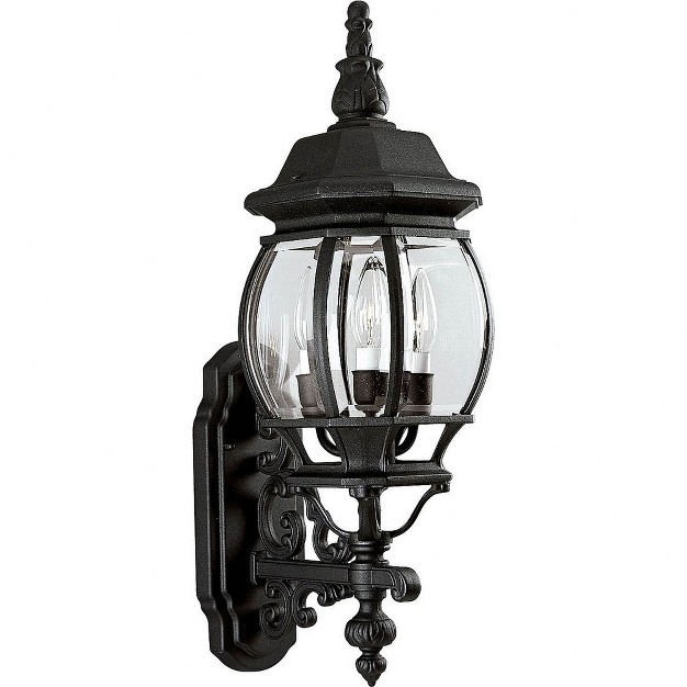 Progress Lighting Onion 3 light Wall Lantern In Textured Black With Clear Beveled Glass Panels And Cast Aluminum Frames