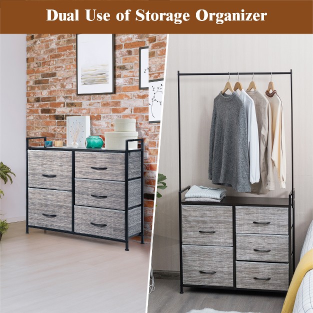 Costway 5 Drawer Fabric Dresser Hanger Metal Frame Wooden Top Storage Closet Organizer