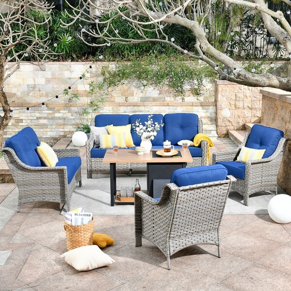 OVIOS 5piece Patio Wicker Conversation Set With Fire Table