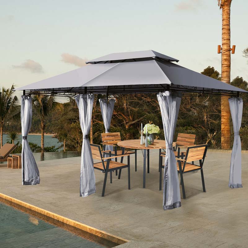 10 x 13 FT Steel Patio Gazebo with Mesh Curtains, 2 Tier Vented Roof Outdoor Canopy Gazebo Tent