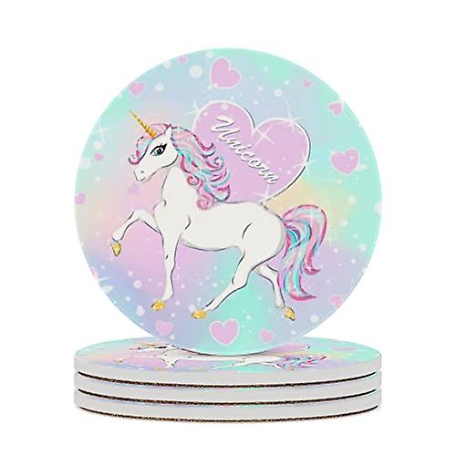 Round Drink Coasters 6 Pcs Cute Unicorn On Multi Colored Gradient Absorbent Ceramic Coaster With Cork Base For Coffee Cups Housewarming Gift For Home