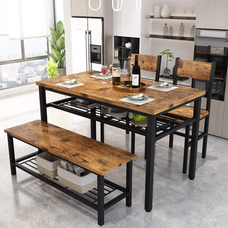 Industrial Dining Table Set for 4  4 Piece Kitchen Table with Bench and Chairs  Rustic Dining Set with Storage Rack