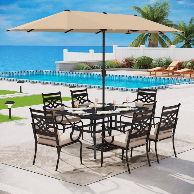 7pc Outdoor Dining Set With Chairs With Seat amp Back Cushions amp Metal Table With Umbrella Hole