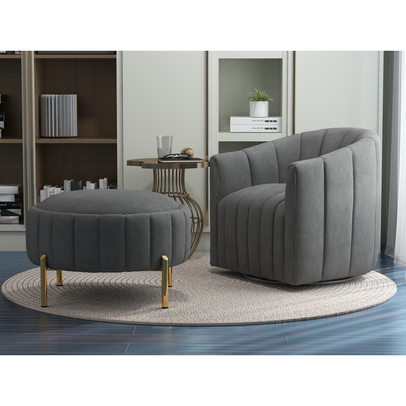 SEYNAR Contemporary Tufted Velvet Swivel Club Chair with Ottoman Set