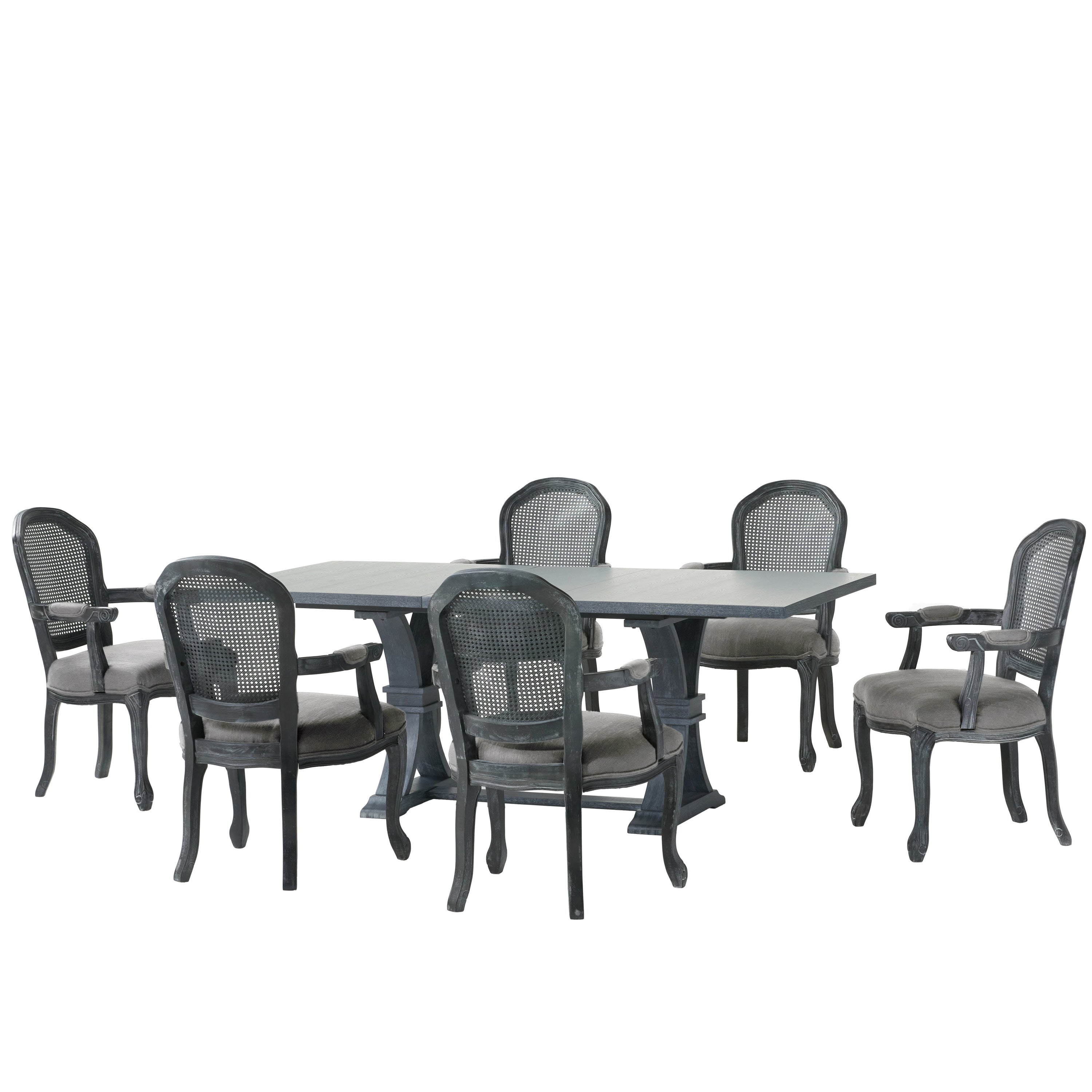 Mariette French Country Fabric Upholstered Wood and Cane 7 Piece Expandable Dining Set