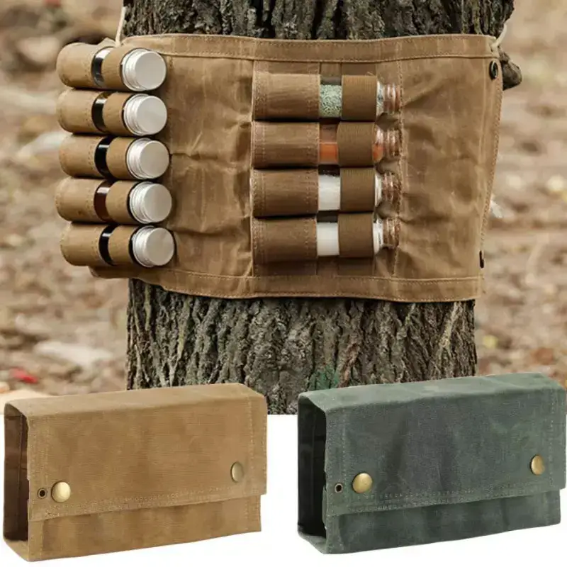 Waxed Canvas Bushcraft Spice Kit Portable Waterproof Camping Travel Spice Set Holder Spice Seasoning Bag