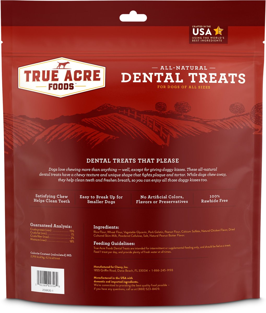 True Acre Foods， All-Natural Dental Chew Sticks， Peanut Butter Flavor， 32 count