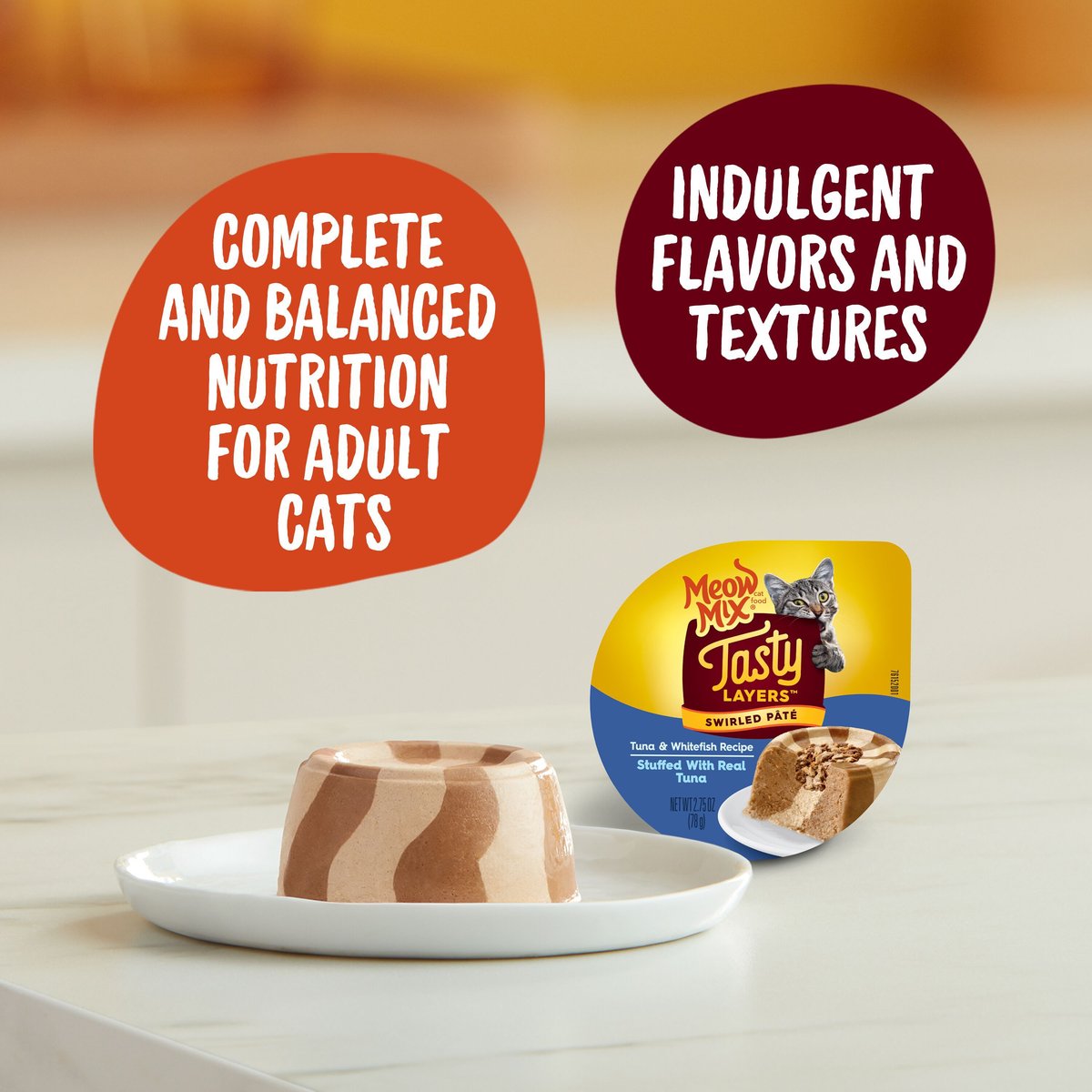 Meow Mix Tasty Layers Tuna and Whitefish Recipe Stuffed with Real Tuna Swirled Paté Cat Food， 2.75-oz can， case of 12