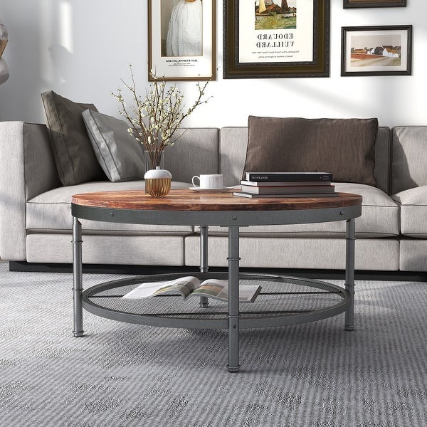 2-Tier Single Panel Round Coffee Table with Metal Frame and Mesh